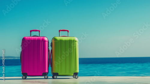 Brightly colored luggage against a blue ocean and sky, low angle. Two rolling suitcases in pink and mint- travel concept with bright colors.	Daytime - couple's trip or girls travel, wanderlust concept