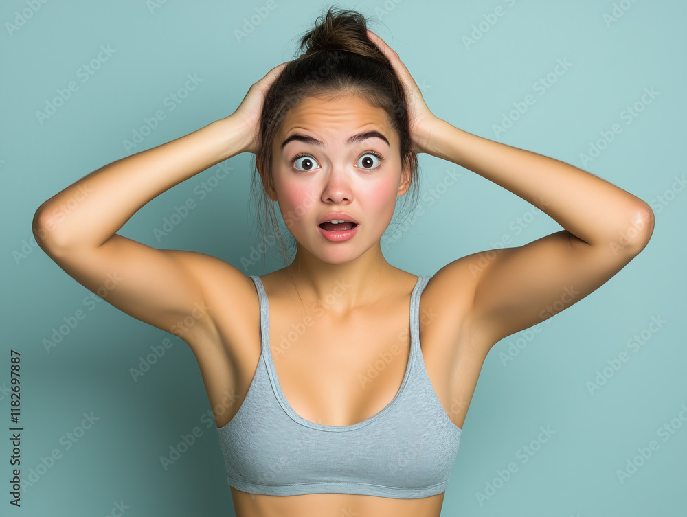 Young Asian woman with a shocked expression, hands on her head, wearing a gray tank top against a soft turquoise background. Young Asian woman with a shocked expression, hands on her head, wearing a gray tank top against a soft turquoise background.