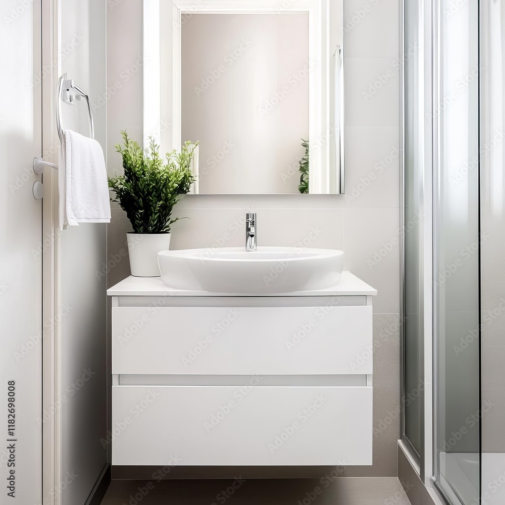 Small bathroom with a clean white palette, enhancing the illusion of space Small bathroom with a clean white palette, enhancing the illusion of space