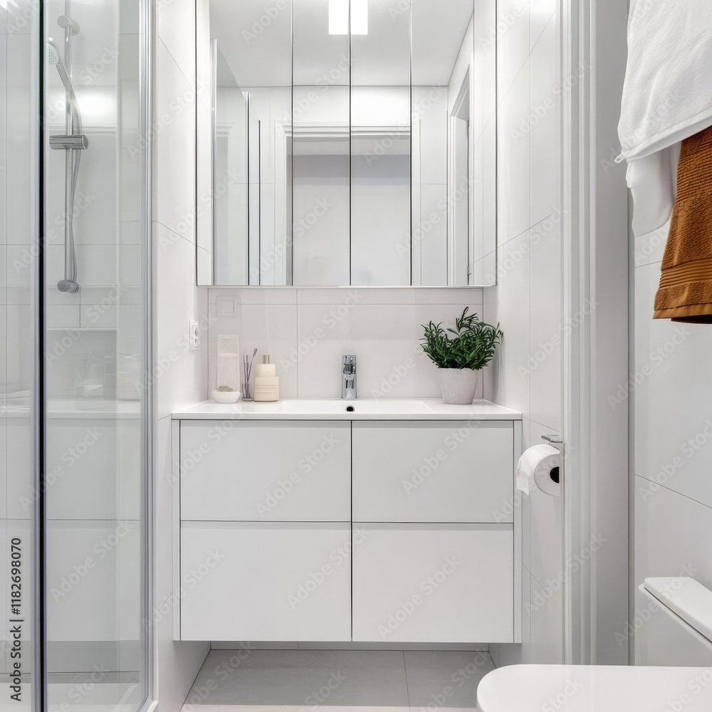 Fototapeta premium Small bathroom with a clean white palette, enhancing the illusion of space