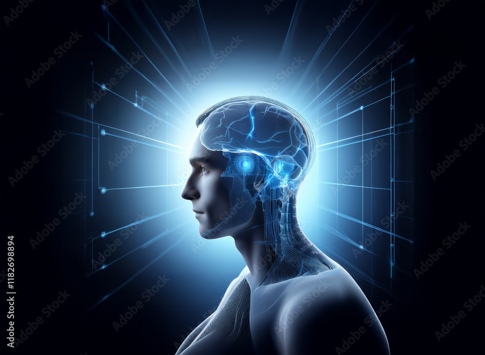 Obraz premium A profile view of a human head, transparent to reveal an illuminated brain and complex neural pathways. This medical image suggests intelligence and mental processes.