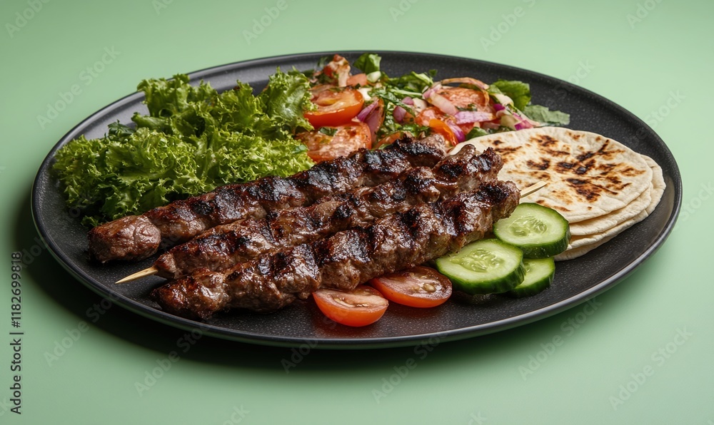 Khorovats grilled skewers of marinated pork, lamb, or chicken served with lavash and fresh vegetables on a charcoal gray plate Khorovats grilled skewers of marinated pork, lamb, or chicken served with lavash and fresh vegetables on a charcoal gray plate