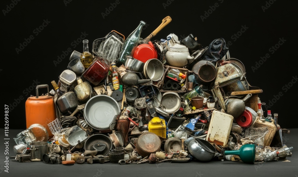 Pile of broken and discarded items, including pots, pans, bottles, and other miscellaneous junk. Pile of broken and discarded items, including pots, pans, bottles, and other miscellaneous junk.