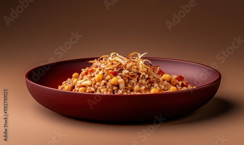 Delicious kushari featuring lentils, rice, macaroni, and chickpeas on a red plate with tomato sauce and crispy onions photo