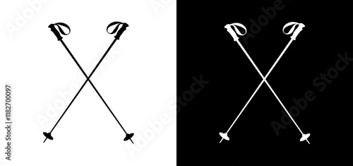 Ski poles icon set on black and white background. Winter sports equipment icon illustration to use for advert, ski pass, skiing competition, skiing design projects. 