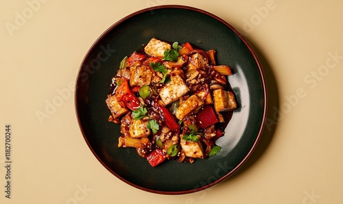 Spicy and numbing Ma La Xiang Guo stir-fry featuring tofu and colorful vegetables on a dark green plate photo