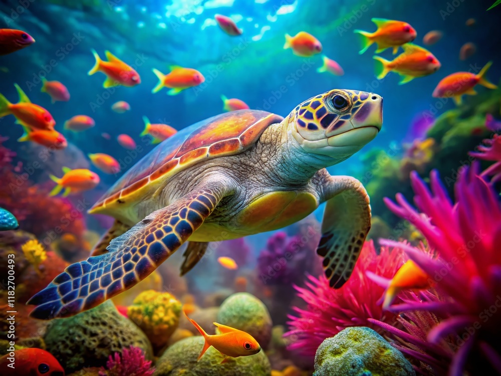 Naklejka premium Adorable Sea Turtle Swimming in Vibrant Coral Reef - Children's Illustration