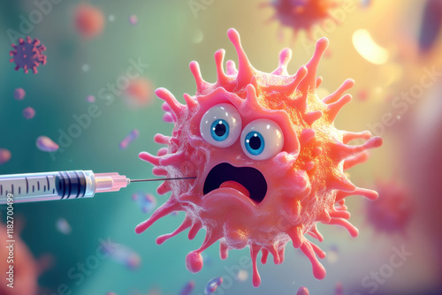 Scared virus being shot by vaccine syringe. Funny colorful cartoon illustration. Health, benefits of vaccination for children