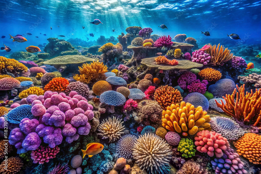 Naklejka premium Vibrant underwater coral reef scene with diverse colorful corals and fish.