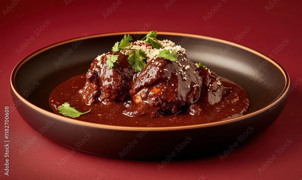 Exploring the rich flavors of mole poblano served over tender chicken in a dark bowl Exploring the rich flavors of mole poblano served over tender chicken in a dark bowl
