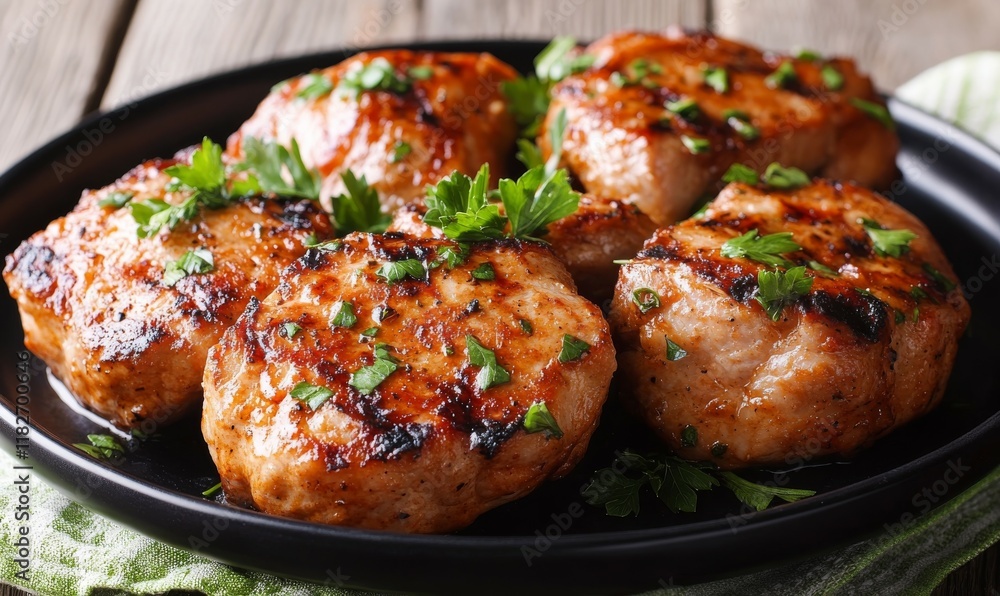 Plate of grilled meat with herbs on top. The plate is black and the meat is brown Plate of grilled meat with herbs on top. The plate is black and the meat is brown