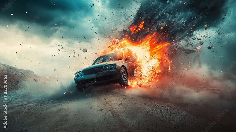 Car illustration transforming into small pieces. Particles fly off from the car in the form of turbulence Car illustration transforming into small pieces. Particles fly off from the car in the form of turbulence