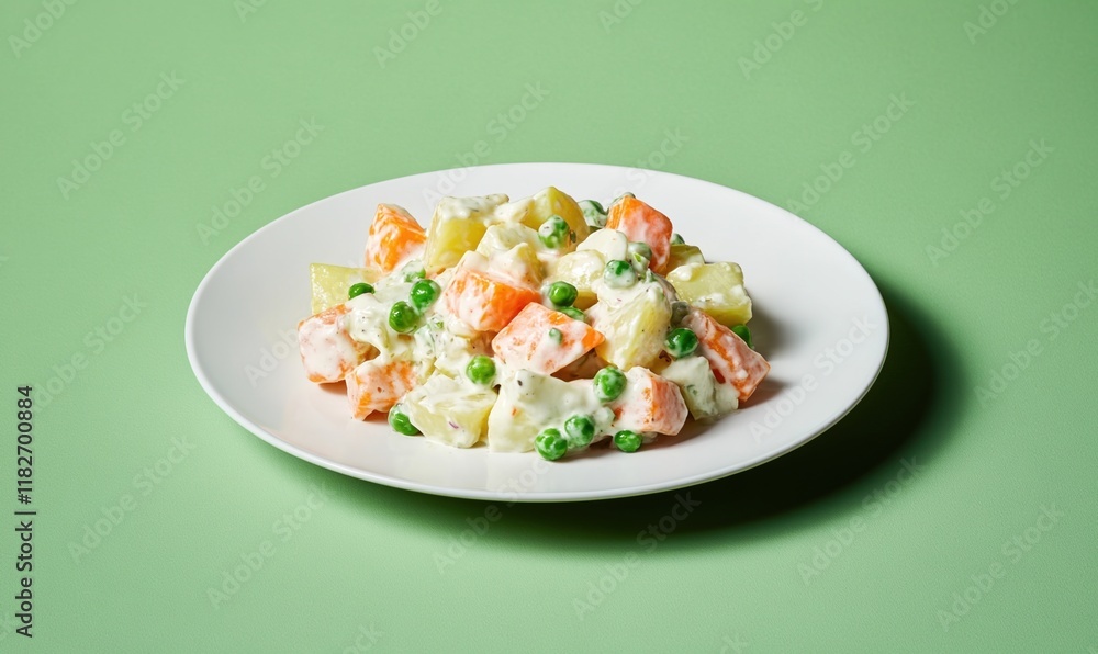 Classic Olivier salad with potatoes, carrots, peas, and eggs on a smooth white plate against a muted green background Classic Olivier salad with potatoes, carrots, peas, and eggs on a smooth white plate against a muted green background