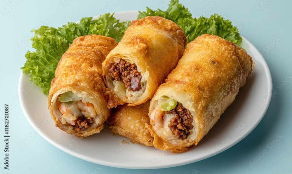 Crispy fried pastries filled with cheese, ground beef, and shrimp served on a white plate with lettuce Crispy fried pastries filled with cheese, ground beef, and shrimp served on a white plate with lettuce