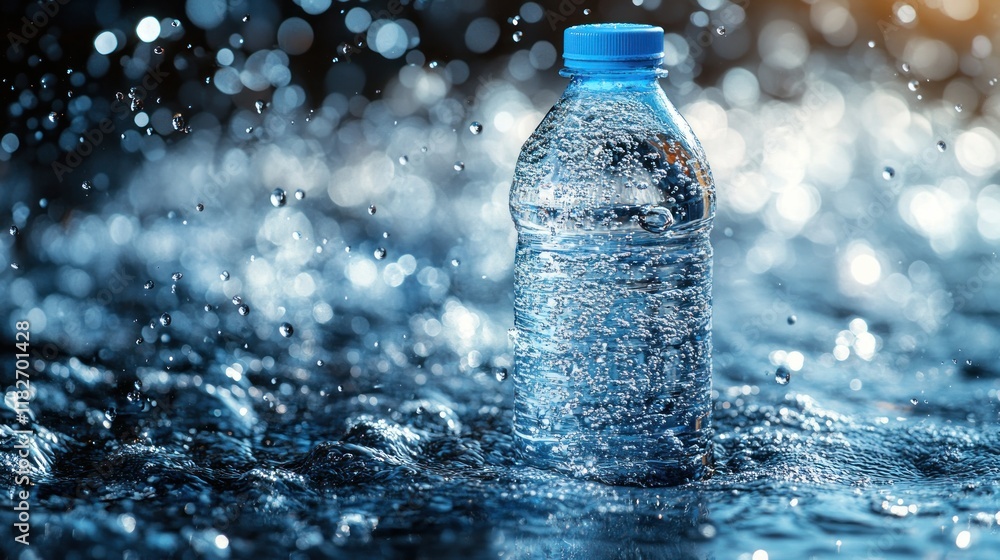 Water bottle amidst splashing droplets. Water bottle amidst splashing droplets.