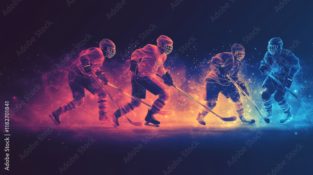 Obraz premium A hockey game consists of points. Particles in the form of a hockey player on a dark background. Vector illustration. Graphic concept of hockey