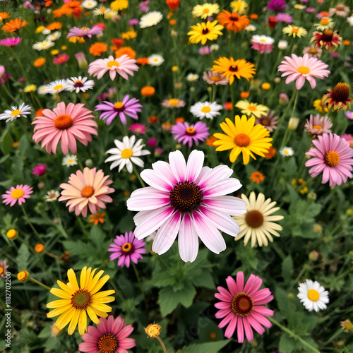 there are many different flowers in the field with one flower in the middle. photo