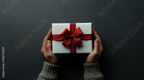 Male hands holding a white gift box with a red ribbon, against a gray background, ideal for themes of holiday.