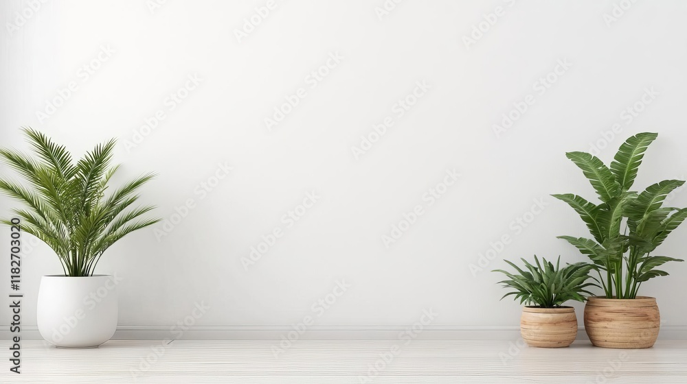 Fototapeta premium White minimalist bathroom with natural light, wooden accents, and potted plants