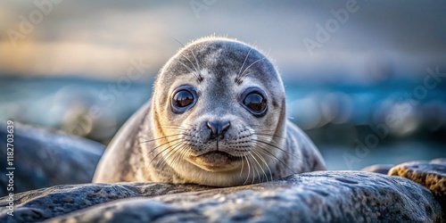 Adorable Young Harbor Seal Pup Resting on Rock, Wildlife Photography photo