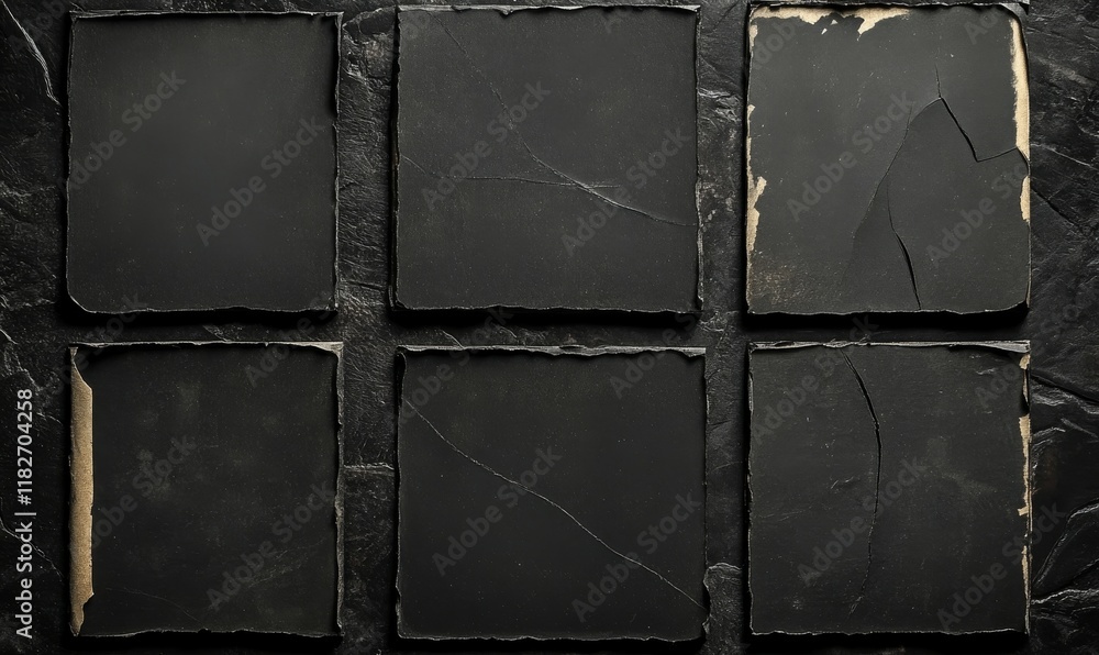 Naklejka premium Set of Old Black Empty Aged Damaged Paper Cardboard Photo Card. Rough Grunge Shabby Scratched Torn Ripped Texture.