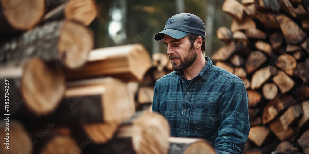 A close-up view of neatly stacked firewood with a man standing in front, wearing outdoor clothing. The scene captures a rustic, hardworking atmosphere in a natural setting.
A close-up view of neatly stacked firewood with a man standing in front, wearing outdoor clothing. The scene captures a rustic, hardworking atmosphere in a natural setting.