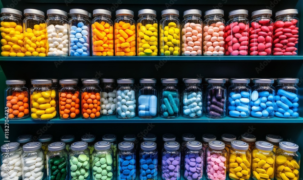 custom made wallpaper toronto digitalShelf full of colorful pills and bottles. The bottles are arranged in rows and the pills are in different colors. Concept of organization and variety