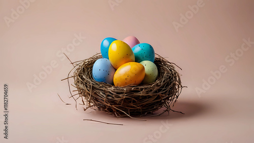 Coloeful easter eggs in nest on pastel color background with space. photo