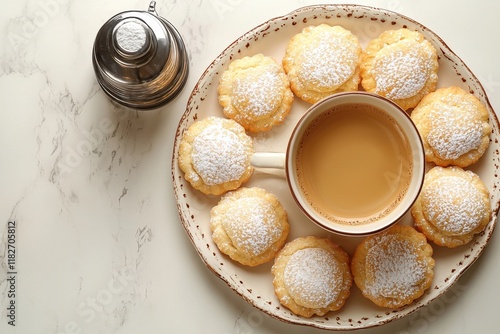 Kahk, a sweet cookie from post-Ramadan Eid celebrations, rest on a rounded china plate, generously sprinkled with sugar and paired with a Turkish coffee cup, all framed by a white marble background photo