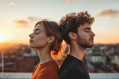 A couple enjoys a serene moment, inhaling the fresh air against an urban backdrop photo