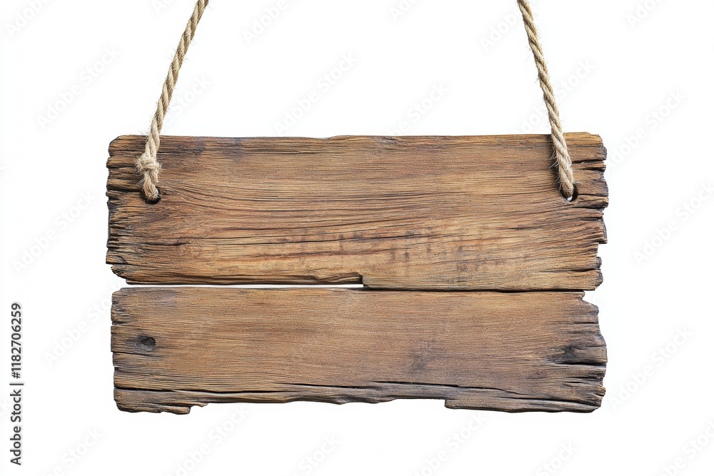 This detailed wooden sign is suspended from a sturdy rope, showcasing its natural texture and rustic charm. Ideal for signage or decorative use in various settings. With copy space for text This detailed wooden sign is suspended from a sturdy rope, showcasing its natural texture and rustic charm. Ideal for signage or decorative use in various settings. With copy space for text