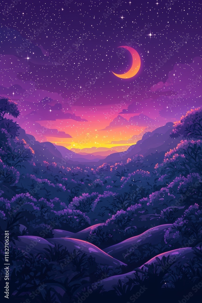 Fototapeta premium Crescent moon framed by a grunge purple backdrop. Monochrome hues. Welcome for Eid al-Fitr, Ramadhan, Eid Al Adha, Eid Al Fitr, Islamic New Year