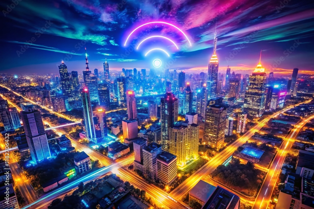 Fototapeta premium Aerial Drone Shot: WiFi Symbol on Futuristic Digital Landscape