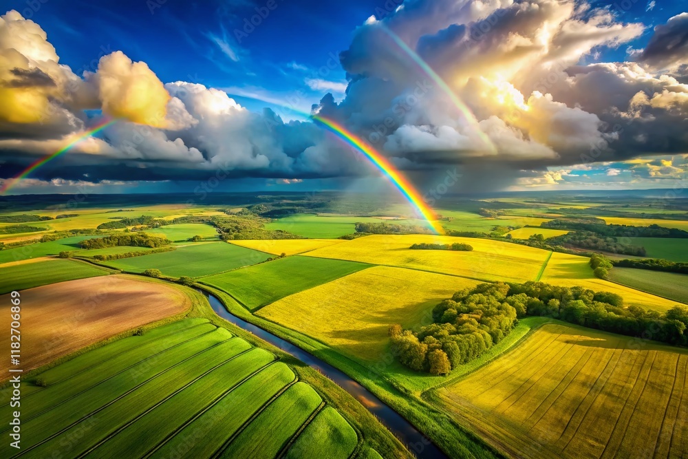 Obraz premium Aerial Fantasy Landscape: Sweet Green, Yellow, Rainbow, Fluffy Clouds