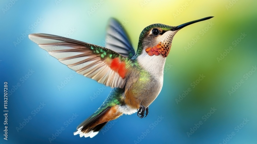 Fototapeta premium Vibrant hummingbird in mid-flight showcases nature's delicate beauty against a colorful background