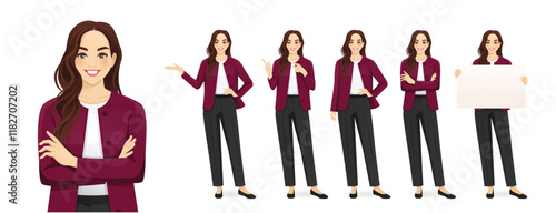 Beautiful business young woman wearing formal outfit in different poses set. Various gestures pointing, showing, standing, holding empty blank board. Isolated vector illustration
