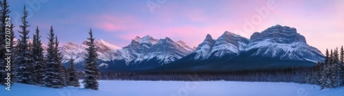 Wallpaper Mural Snowy mountain landscape at dawn with soft pink skies and evergreen trees in a tranquil winter setting Torontodigital.ca
