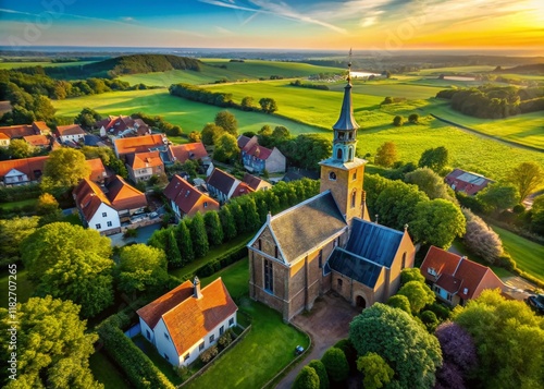 Aerial Macro View: Drone Descending Over Niehove Church, Groningen, Netherlands photo