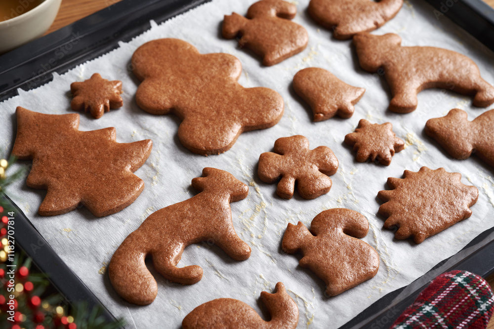 Homemade gingerbread Christmas cookies on a baking sheet Homemade gingerbread Christmas cookies on a baking sheet