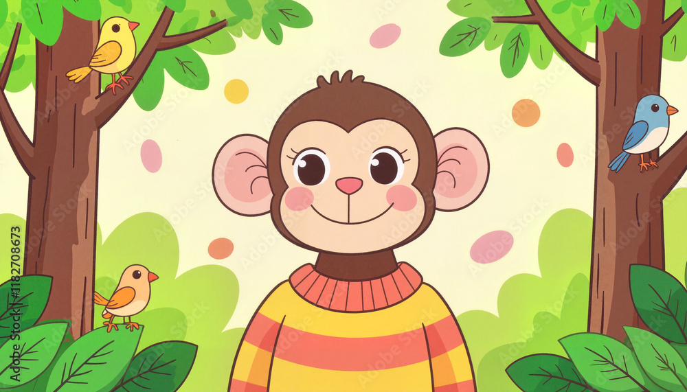 Naklejka premium Cheerful cartoon monkey smiling in jungle, playful spirit