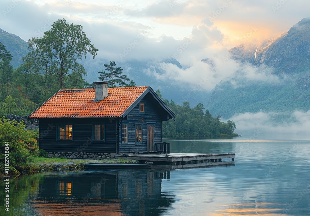 A rustic boathouse situated on the shore of Eid Fjord in Norway A rustic boathouse situated on the shore of Eid Fjord in Norway
