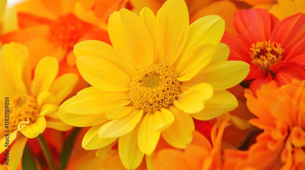 Fototapeta premium Vibrant bouquet of yellow and orange flowers showcasing lively colors in a lush garden during a sunny afternoon
