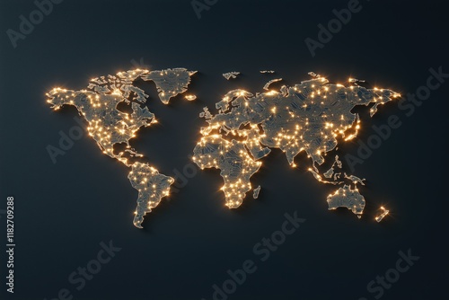 Fototapeta Naklejka Na Ścianę i Meble -  World map with glowing golden lights on a dark background. concept of global connectivity and networks