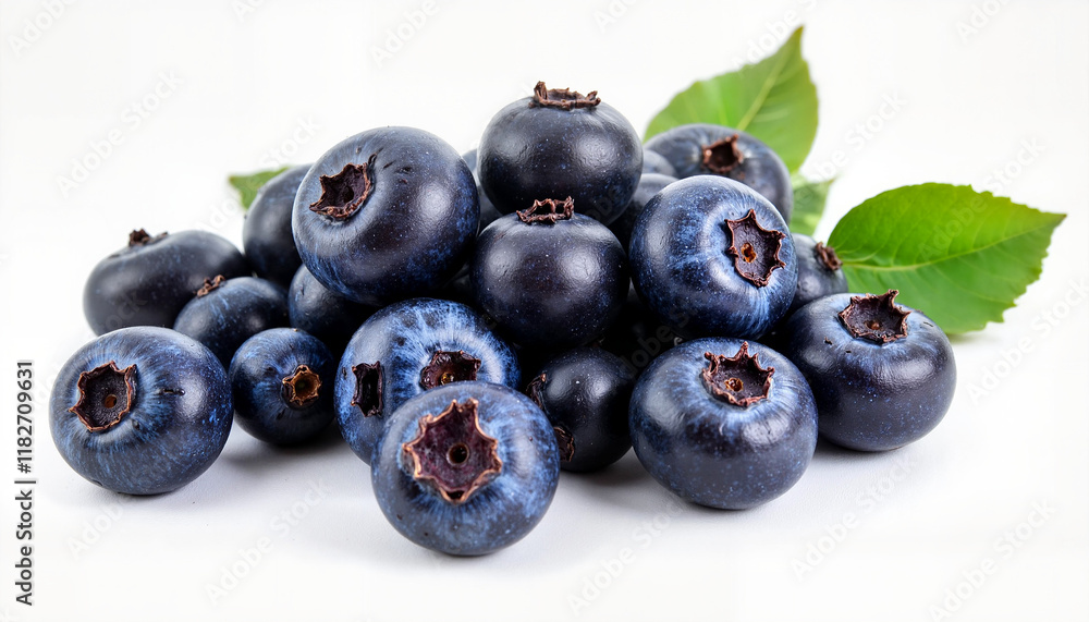 Blueberries piled together with leaves on a white background Blueberries piled together with leaves on a white background