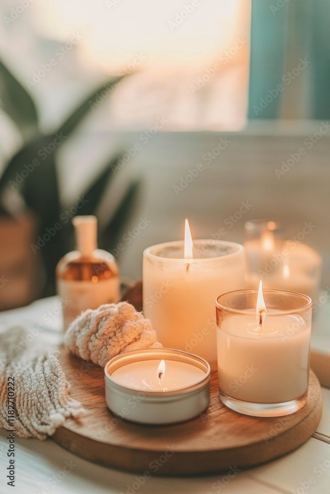 Softly glowing candles create a soothing ambiance for a relaxing self-care routine in a tranquil indoor setting Softly glowing candles create a soothing ambiance for a relaxing self-care routine in a tranquil indoor setting
