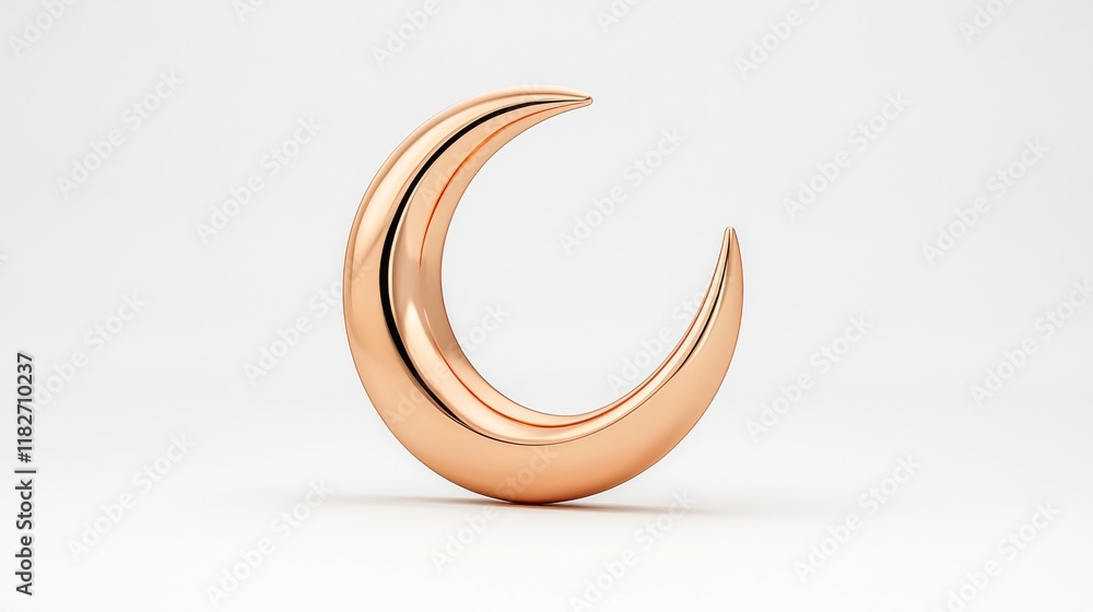 A 3D copper crescent moon, isolated on a white background, representing the Ramadan Kareem holiday celebration A 3D copper crescent moon, isolated on a white background, representing the Ramadan Kareem holiday celebration