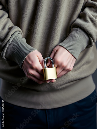 Man hands holding padlock locked chain over pants zip fly photo