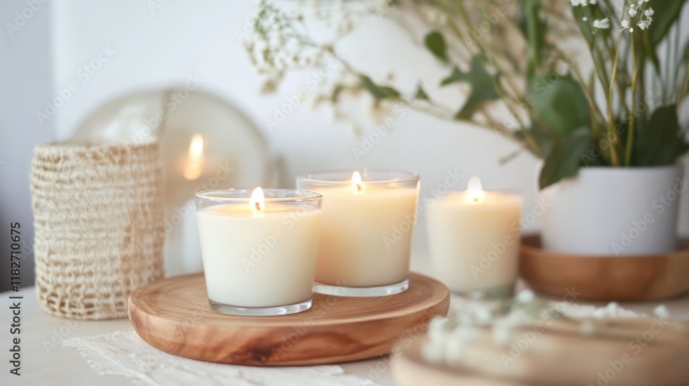 Softly glowing candles create a soothing ambiance for self-care in a tranquil indoor setting Softly glowing candles create a soothing ambiance for self-care in a tranquil indoor setting