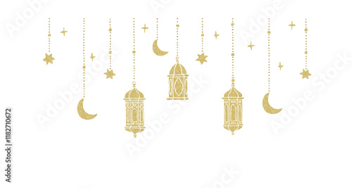 Ramadan Kareem strings, garlands with lights. Hanging hand drawn golden glittering Moroccan lanterns. Moon and stars. Islamic party decoration web banner. Isolated vector object. Eid Mubarak frame.