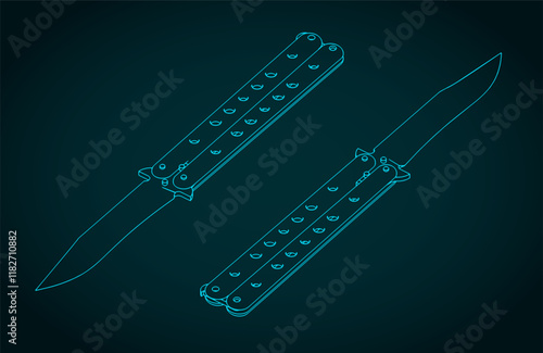 Butterfly knife isometric blueprints illustration